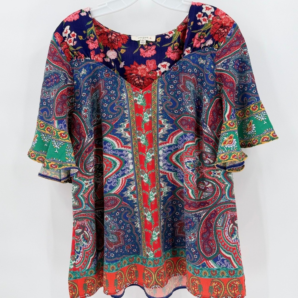 UMGEE Paisley Floral Mixed Print V-Neck Bell Sleeve Blouse Red Blue Plus Size XL